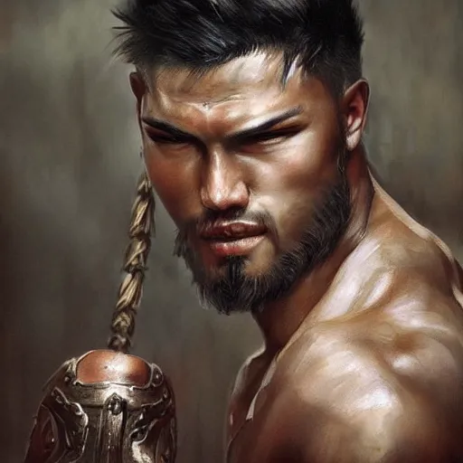 Prompt: Gladiator, muscular, asian, handsome, detailed face, correct face, painting by wlop