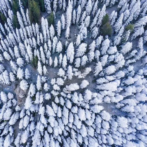 Image similar to sattelite image of snow from 250 meters height, just a few cut frozen trees covered with ice and snow, old lumber mill remains, beautiful winter area