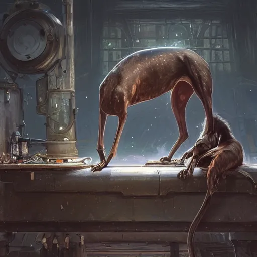 Prompt: an old dark brindle greyhound is sitting on a conveyor belt at the glue factory, d & d, fantasy, intricate, elegant, highly detailed, digital painting, artstation, concept art, matte, sharp focus, illustration, hearthstone, art by artgerm and greg rutkowski and alphonse mucha