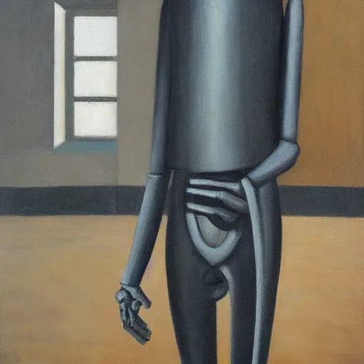 Prompt: brutalist giant unfeeling robot bishop visage, portrait, atrium, rotunda, dystopian, pj crook, edward hopper, oil on canvas