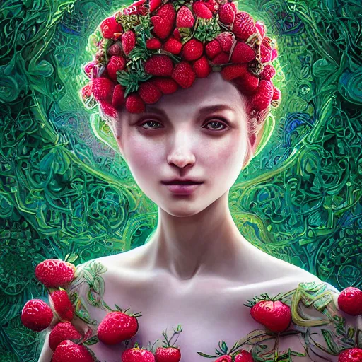 Prompt: the portrait of an absurdly beautiful, graceful, elegant, young woman made of strawberries and green petals, an ultrafine hyperdetailed illustration by kim jung gi, irakli nadar, intricate linework, bright colors, octopath traveler, final fantasy, angular, unreal engine 5 highly rendered, global illumination, radiant light, detailed and intricate environment