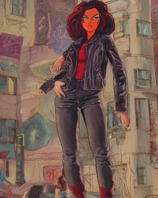 Image similar to young female protagonist in leather jacket, city street, artwork by ralph bakshi