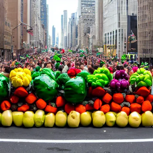 Prompt: a parade of stuffed fruits and vegetables marching down 5 th ave manhattan on st. patrick's day, 8 k, photo realistic, extremely life like