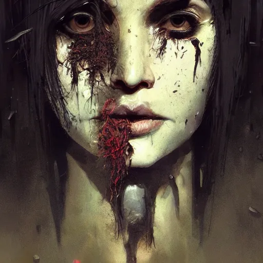 Image similar to portrait of a woman with long black hair and dozens of grubs on her face, coming out of holes in her skin, trypophobia, horror art, dramatic lighting, illustration by Greg rutkowski, yoji shinkawa, 4k, digital art, concept art, trending on artstation