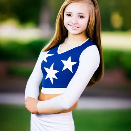 Prompt: a portrait photograph of a star student, popular, cute, 1 8 year - old american high school cheerleader. portrait canon 8 5 mm f 1. 2 photograph head and shoulders portrait