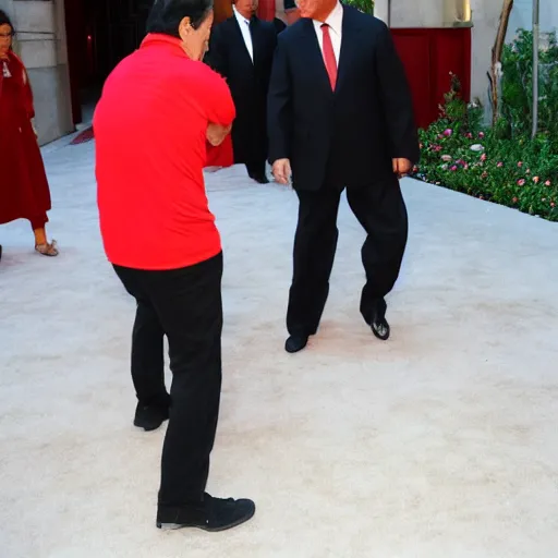 Prompt: sylvester stallone walking around laughing with xi jinping on his back