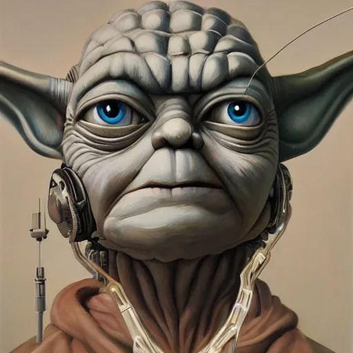Image similar to a realistic oil painting of yoda as a cybernetic cyborg, surrealism portrait, surrealism album cover