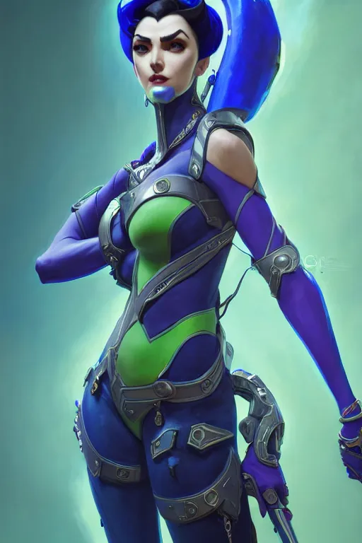 Prompt: painting of widowmaker from overwatch wearing ornate plastic armor, green blue skin color, ultra realistic, sharp details, subsurface scattering, intricate details, warm lighting, beautiful features, highly detailed, photorealistic, octane render, 8 k, unreal engine, art by artgerm and greg rutkowski and alphonse mucha