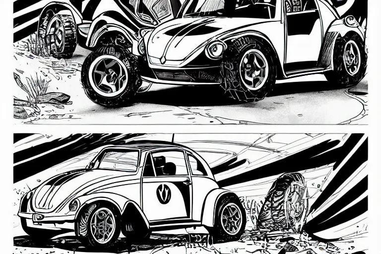 Image similar to vw beetle dune buggy, a page from cyberpunk 2 0 2 0, style of paolo parente, style of mike jackson, adam smasher, johnny silverhand, 1 9 9 0 s comic book style, white background, ink drawing, black and white