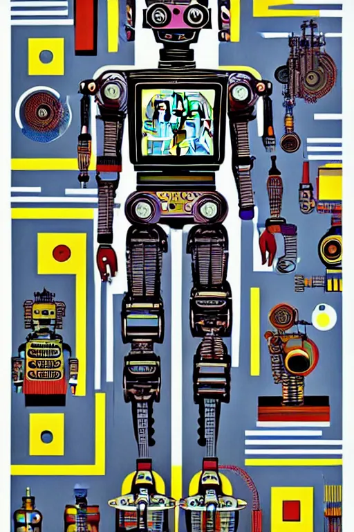 Image similar to a diagram of a robot body with various parts, cyberpunk art by eduardo paolozzi, behance contest winner, computer art, greeble, steampunk, poster art, james turrell, robert rauschenberg, andy warhol, pop art, czechoslovakia, surrealism, milton glaser, graphic design