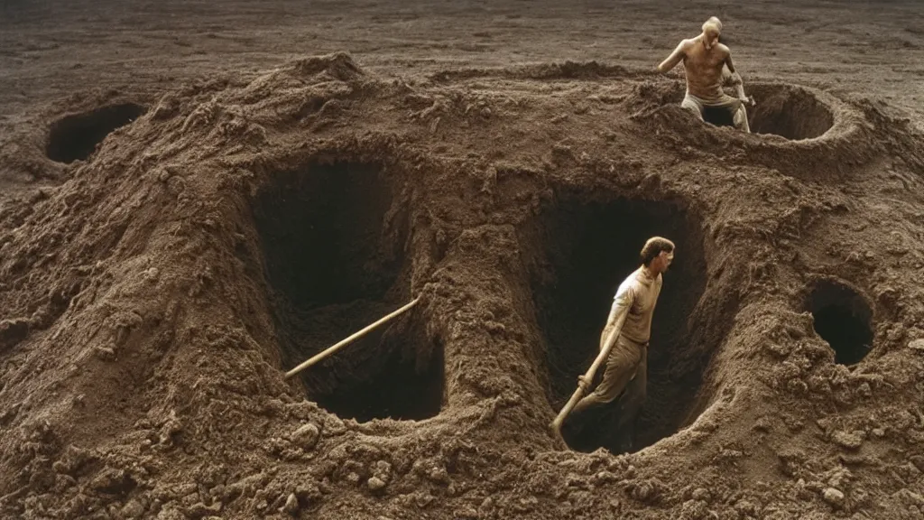 Image similar to a man digging himself out of a hole, film still from the movie directed by wes anderson with art direction by zdzisław beksinski and m. c. escher, wide lens