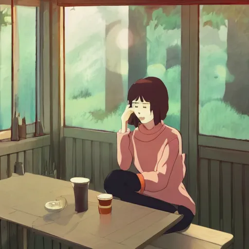 Image similar to woman sitting in a cafe, cottagecore, atey ghailan, goro fujita, studio ghibli, rim light, sharp lighting, clear focus, very coherent,