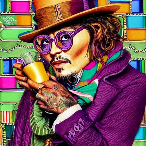 Prompt: Johnny Depp is covered in a blanket and drinking tea in Willy Wonka's Chocolate Factory, Illustration, Colorful, insanely detailed and intricate, super detailed, by Alexis Franklin