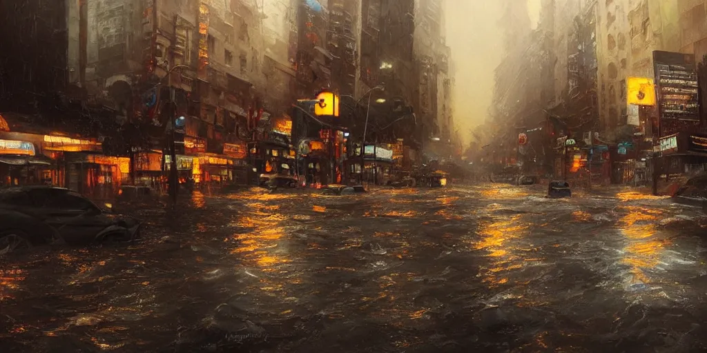 Prompt: hollywood boulevard hit by a biblical flood during a storm, dramatic lighting, beautiful, stunning landscape artwork by artgerm, rutkowski, wlop featured on artstation, cgsociety, behance hd