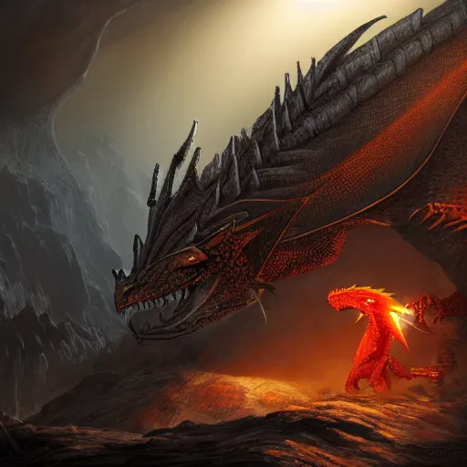 Prompt: photo of an armored knight confronting a large red scaly dragon sleeping on a mountain of human bones in a dark dusty cave with a ray of light shining on it\'s face. The knight is very small in comparison to the dragon. The cave shines with gemstones and gold. Very detailed 8k. fantasy