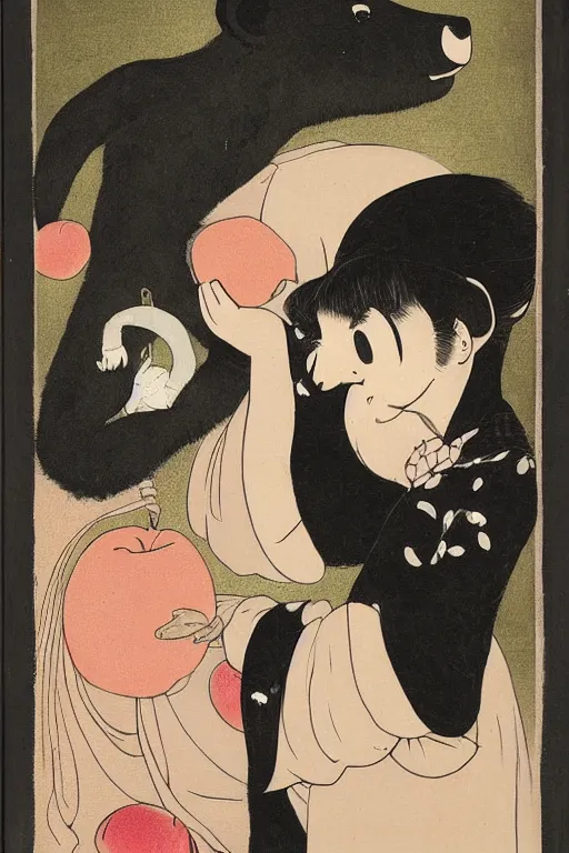 Image similar to a girl with a peach in her hands stands beside an anthropomorphic black bear, offering the peach to the bear. in the style of foujita tsuguharu