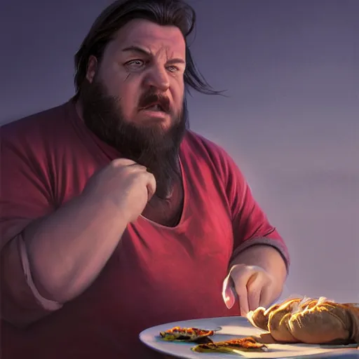 Image similar to portrait of a half fatman half pig with long hair tied in a ponytail, light stubble with red shirt eating kebab ,digital art,photorealistoc,art by greg rutkowski,hyperdetailed,western comic style,comic,comic style,sharp lineart,professional lighting,deviantart,artstation,trevor henderson,rossdtaws,cinematic,dramatic