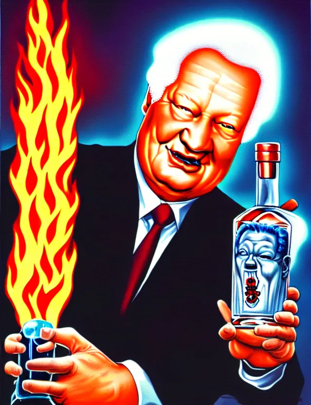 Image similar to yeltsin with a halo of fire holding a bottle of vodka in his hands, scary art in color, detailed art