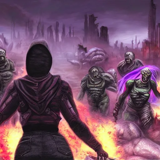 Prompt: apocalyptic world, doom game like look, female in hoodie in the middle, purple hair, shooting the monsters, 8 k, photorealistic, hyper realistic, full detail