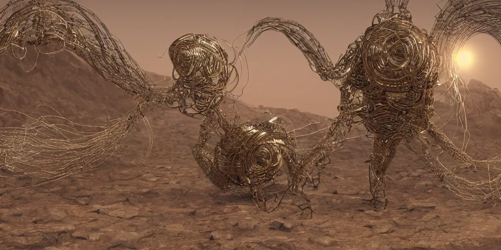 Image similar to A George Miller film, an ornate real characters made out of intricate metallic filament webs with cutaways to see into the Endocrine system built out of dust and light, floating in the desert night, hyper-realism, very detailed feel, rendered in Octane, tiny points of light, caustic, 4k, beautiful lighting, foggy