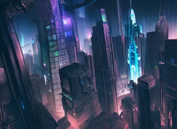 Image similar to cyberpunk scifi scene of a city at night, aerial view, salesforce tower, artstation, matt painting, very detailed, maximalism, ambient occlusion, volumetric light, atmospheric haze, unreal engine, hyper realism, realistic shading, cinematic composition, realistic render, octane render, detailed textures, photorealistic, wide shot