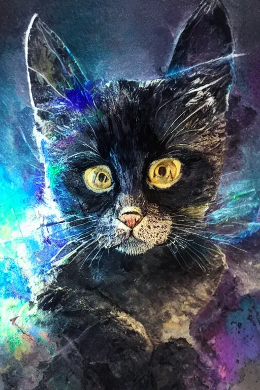 Prompt: ink acid shadow kitten, painted by erol otus and david thierree and dan adkins and john berkey, trending on artstation, volumetric lighting macro view muted colors, iridescent colors, dark academia, symbolism, brushwork