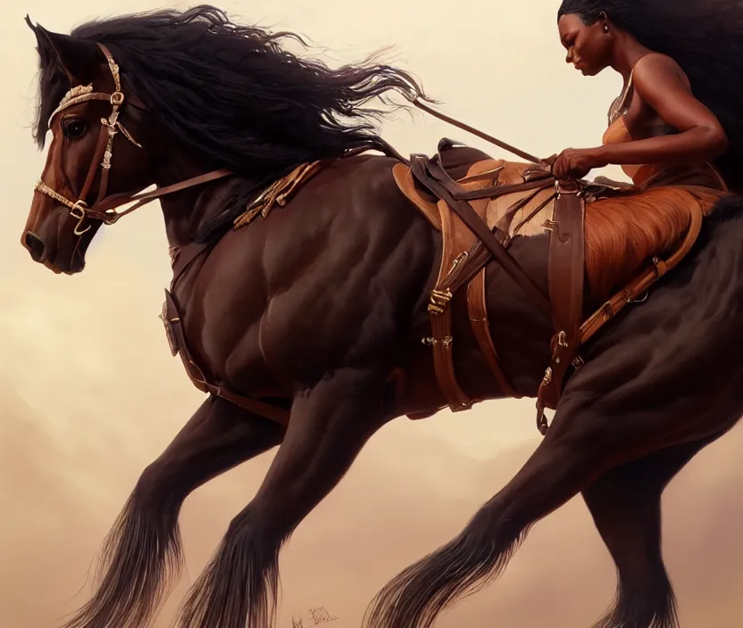 Image similar to full body portrait of beautiful black woman on horseback, striding clydesdale, cinematic, highly detailed, digital painting, artstation, concept art, smooth, sharp focus, illustration, face by wlop, illustrated by mars ravelo and greg rutkowski