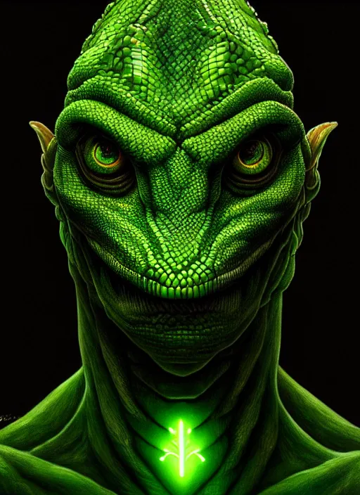 Image similar to symmetry!! portrait of a lizard man, dark green scales, horror, white glowing eyes, night time lighting, intricate, scary, highly detailed, digital painting, artstation, concept art, smooth, sharp focus, illustration, art by greg rutkowski