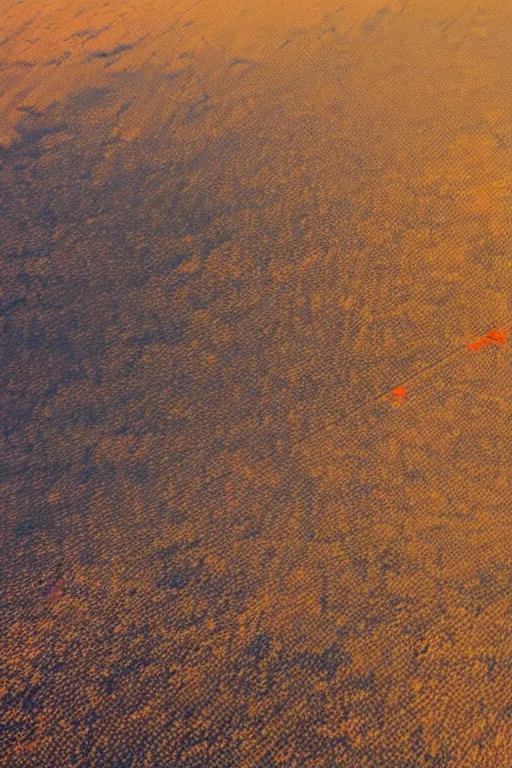 Image similar to Travel Ad, close-up on a plane flying above a drying landscape, forest fire