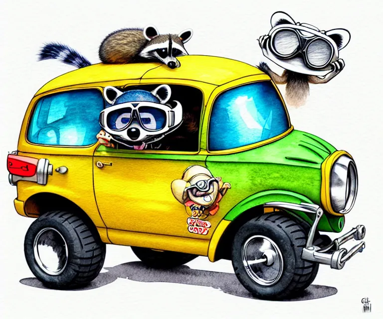 Image similar to cute and funny, racoon wearing goggles riding in a tiny hot rod with an oversized engine, ratfink style by ed roth, centered award winning watercolor pen illustration, isometric illustration by chihiro iwasaki, edited by range murata, tiny details by artgerm and watercolor girl, symmetrically isometrically centered, sharply focused