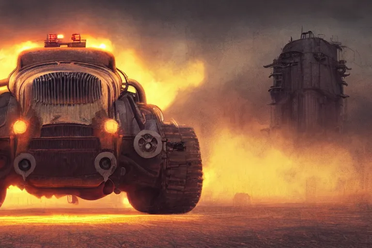 Prompt: hellfire engine strokeed by the echo, mad max, wasteland, in the style of hannes bok and doug chiang and vernon grant, trending on artstation, back lighting rear view steampunk, blueprint, muted colors, gothic, tachisme