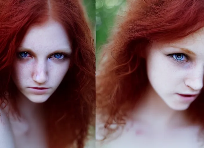 Image similar to award winning 5 5 mm close up face portrait photo of an anesthetic cute redhead with small nose, blood - red wavy hair, intricate eyes, in a park by luis royo