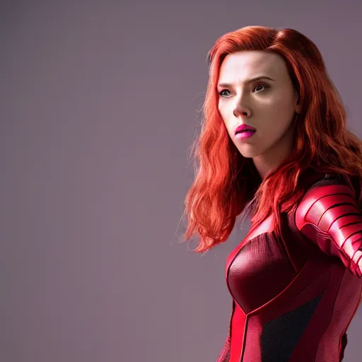 Image similar to scarlett johansson as the scarlet witch, studio lighting, photographic portrait, sigma 8 5 mm lens