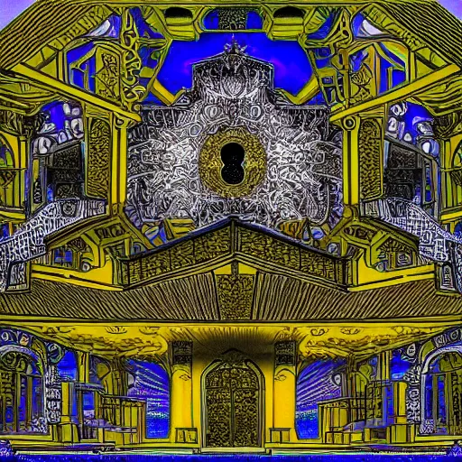 Image similar to A Eternal mansion, by M.C. Escher, Jim Fitzpatrick, Chaotic, Lucid, Cycles, Chromatic Abberation, Dawn