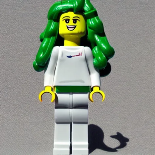 Image similar to lego sculpture of a woman astronaut with green streaks in her hair, thoughtful, elegant, real