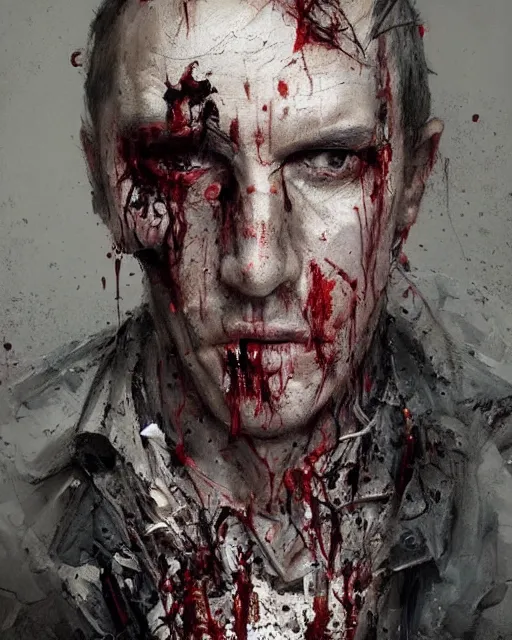 Image similar to A hyper realistic oil portrait of a man in his 40s dressed like a priest, torn clothes, covered in wounds, blood on clothes, by Greg Rutkowski, creepy atmosphere, gloomy lighting, trending on artstation