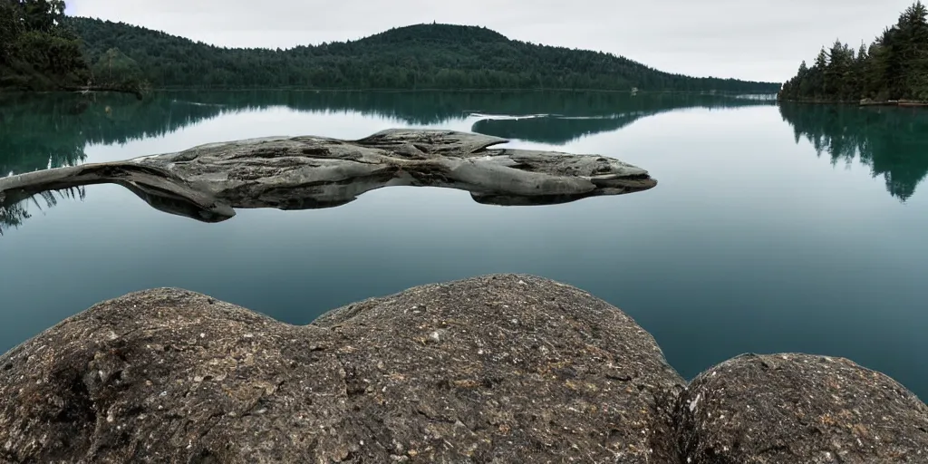 Prompt: centered photograph rope of a single normal long rope winding across the surface of the water into the distance, rope floating submerged rope stretching out towards the center of the lake, a dark lake on a cloudy day, color film, rocky shore foreground and trees in the background, hyper - detailed photo, anamorphic lens