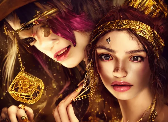 Image similar to full body picture of a pirate girl, hard breathing, messy hair, very excited, sparkling eyes, front of the treasure box, jewels and gold on the background, coveted, beautiful and aesthetic and attractive and detailed face, specular reflection, occlusion shadow, intricate, bokeh, masterpiece, by ilya kuvshinov and ross tran and quentin mabille