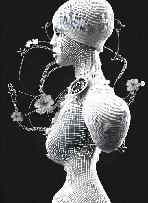 Prompt: black and white 3 d octane render, biomechanical beautiful young female cyborg with a porcelain profile face, analog, big leaves foliage and stems, morning glory flowers, hibiscus flowers, boho floral vines, hexagonal mesh fine wire, monochrome, sinuous fine roots, styled by alexander mcqueen, art nouveau fashion embroidered, steampunk, mandelbrot fractal