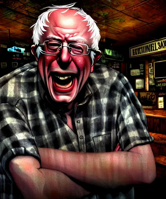 Image similar to hyperrealistic mixed media painting of Bernie Sanders as a laughing drunk, tattered plaid shirt, dimly lit dive bar, stunning 3d render inspired art by P. Craig Russell and Barry Windsor-Smith + perfect facial symmetry + dim volumetric lighting, 8k octane beautifully detailed render, post-processing, extremely hyperdetailed, intricate, epic composition, grim yet sparkling atmosphere, cinematic lighting + masterpiece, trending on artstation, very very detailed, masterpiece, stunning