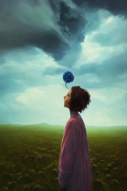 Prompt: closeup perspective, giant dahlia flower over the head, girl standing on mountain, surreal photography, blue storm clouds, dramatic light, impressionist painting, digital painting, artstation, simon stalenhag