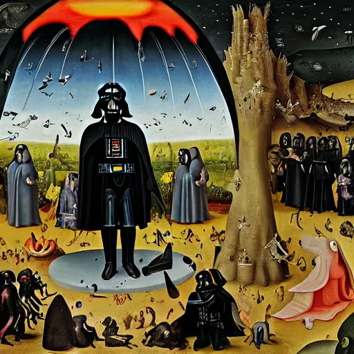 Prompt: highly detailed painting of darth vader in the garden of earthly delights by hieronymus bosch