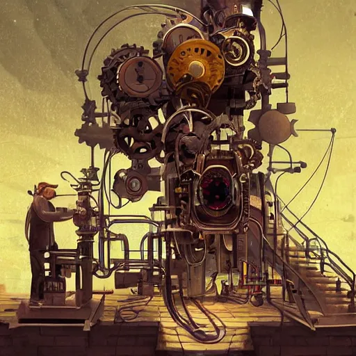 Image similar to A random pointless contraption ((steampunk)) industrial appliance pneumatic machine with no apparent purpose, being operated by a scholarly looking man with a clear directed gaze, artwork by Petros Afshar