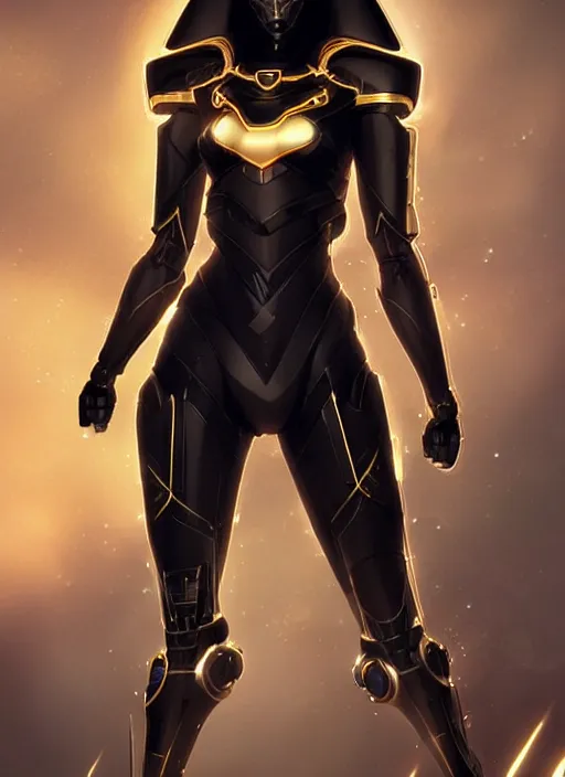 Image similar to woman wearing black and gold anubis cybertech armor. character design by charlie bowater, ross tran, artgerm, and makoto shinkai, detailed, inked, western comic book art