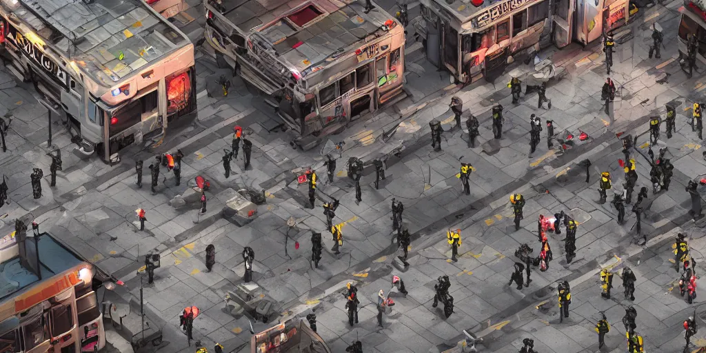 Image similar to aerial isometric photo, riot in a cyberpunk city, police use special equipment against the crowd on a square, hyper detail, evening, police sirens in smoke, dark environment, ocatne, unreal engine 5, render, digital art