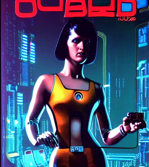 Image similar to cable inserted into head, jacked into cyberdeck wrist terminal, very very beautiful cyberpunk woman, computer, 1 9 7 9 omni magazine cover, style by vincent di fate, cyberpunk 2 0 7 7, very coherent, detailed, 4 k resolution, unreal engine, daz