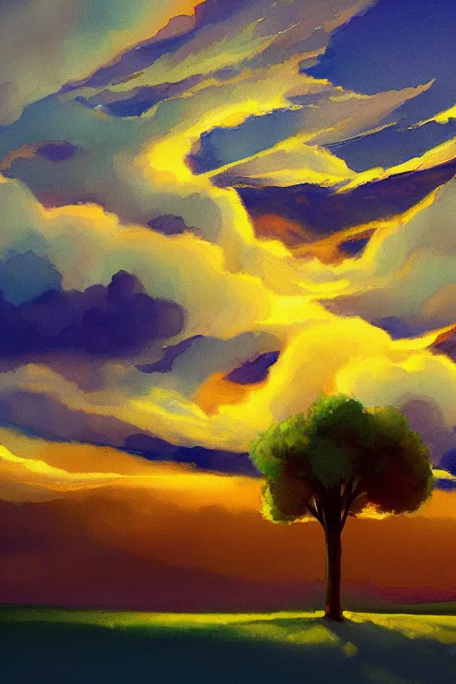 Prompt: beautiful digital matter cinematic painting of fantasy tree and candy cloud sky watercolor edward hopper artstation