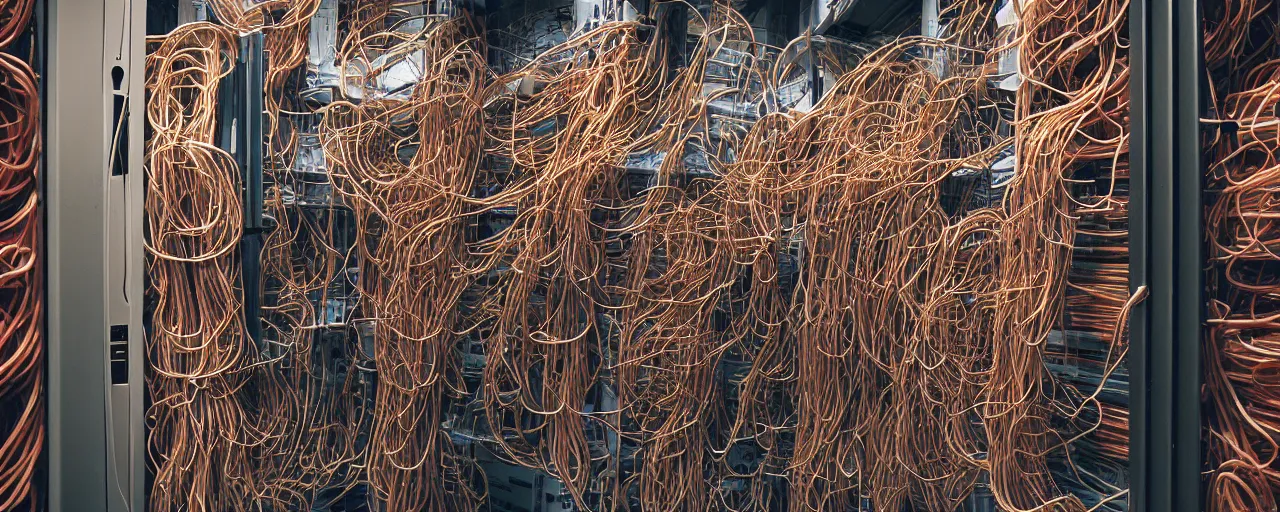 Image similar to a large computer server room overflowing with spaghetti, canon 5 0 mm, cinematic lighting, photography, retro, film, kodachrome, closeup