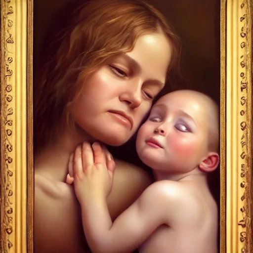 Image similar to pure love is patient love is kind, mother and child ; photorealistic oil painting by tom chambers ; highly detailed cute faces by wlop ; trending on artstation ; 8 k high resolution, symmetrical, cinematic, high coherence, golden ratio, rule of thirds, perfectly centered ; anatomically correct faces