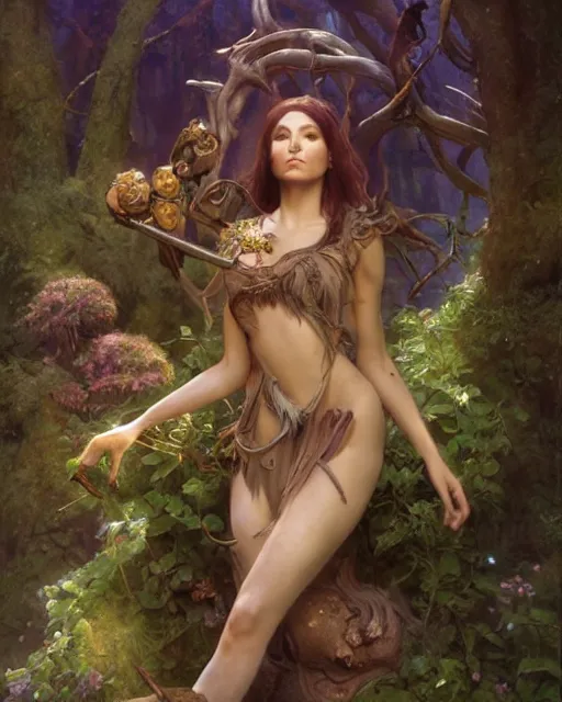 Image similar to dryad, stern like athena, a singer, portrait, swooning with forest creatures, studio lighting by jessica rossier and brian froud and gaston bussiere